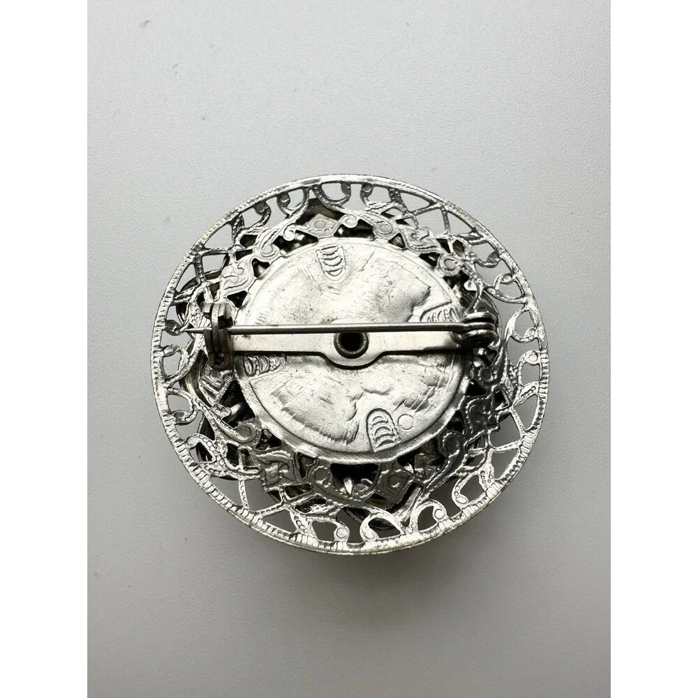 Vintage Faux Turquoise Cabochon Silver Tone Filigree Floral Brooch Pin